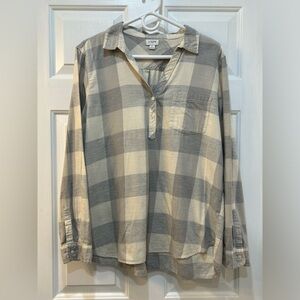 J. Crew Flannel Popover Henley Boyfriend Fit Ivory & Gray Long Sleeve Women Sz L